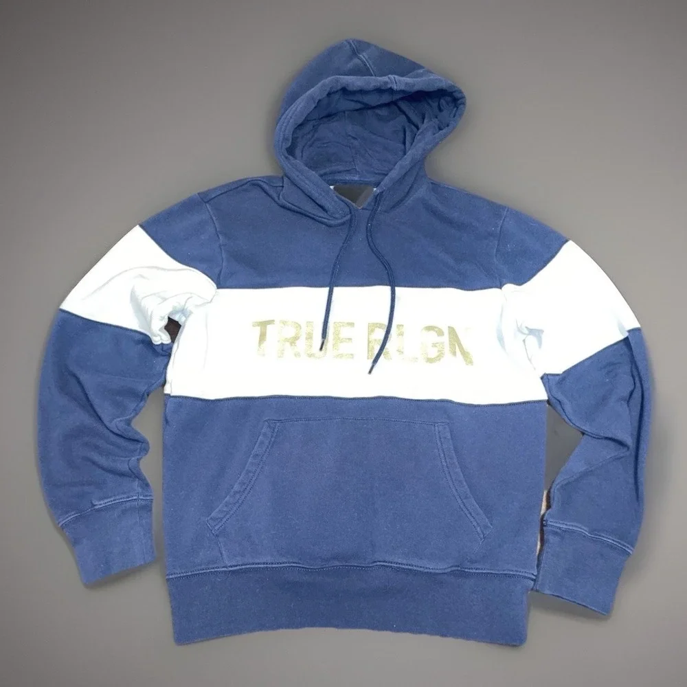 True Religion Mens Blue White Pullover Hoodie - Medium